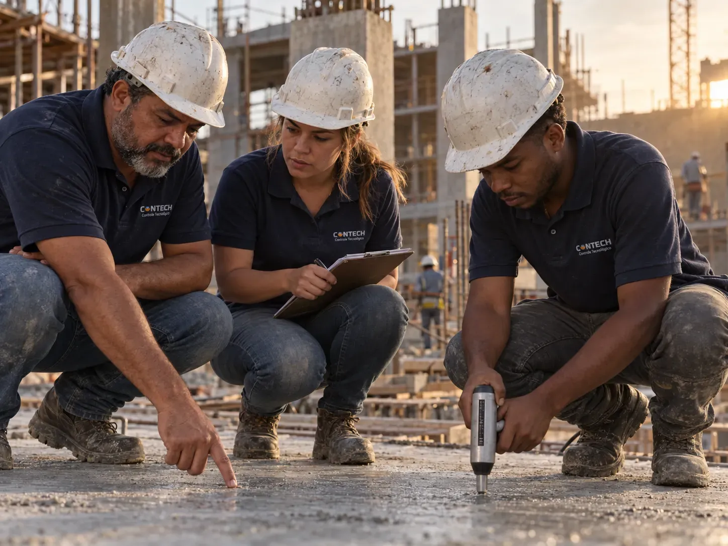 Equipe Contech realizando medições e inspeção técnica em obra