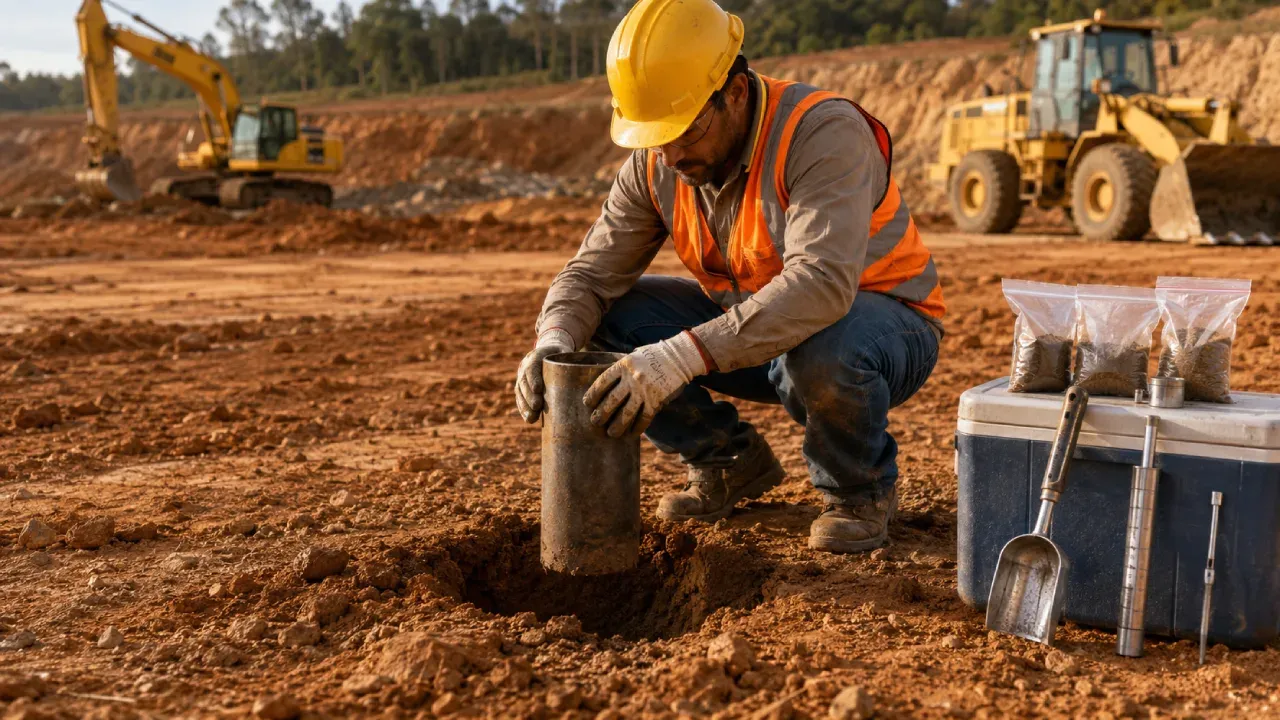Engenheiro executando ensaio de densidade in situ com cilindro de cravação em aterro compactado na obra