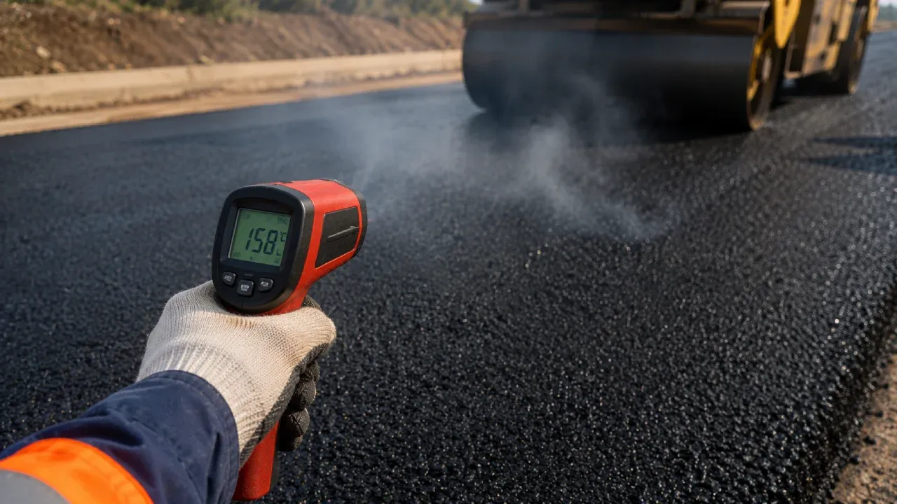 Engenheiro medindo temperatura de massa asfáltica recém-espalhada com termômetro infravermelho durante controle tecnológico de pavimentação