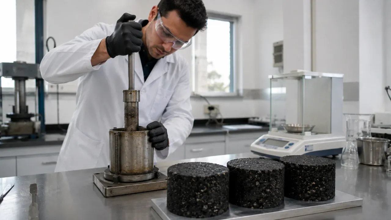 Técnico realizando compactação de corpos de prova Marshall de mistura asfáltica em laboratório de controle tecnológico de pavimentação