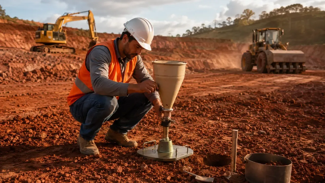 Engenheiro civil realizando ensaio de compactação de solo no campo com frasco de areia em obra de terraplenagem