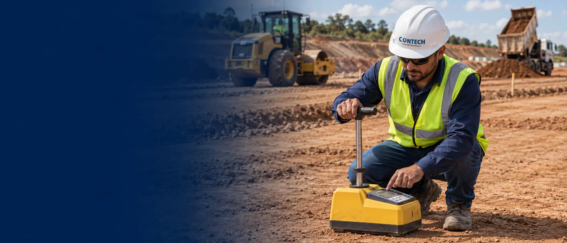 Técnico realizando ensaio de compactação de solo em campo