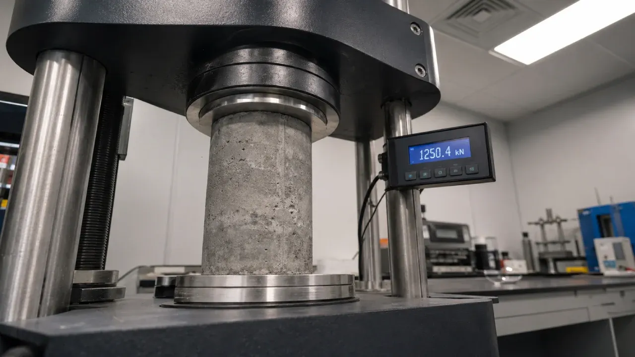 Ensaio de resistência à compressão de corpo de prova cilíndrico de concreto em prensa hidráulica de laboratório geotécnico