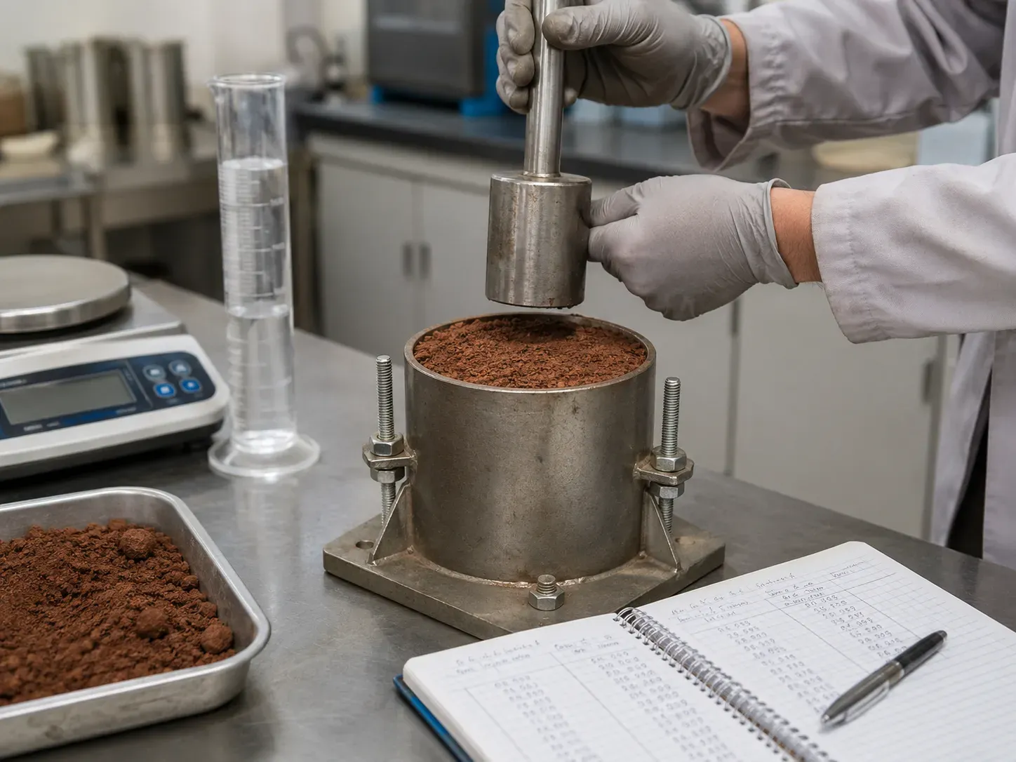 Técnico realizando ensaio de compactação Proctor em molde cilíndrico de solo em laboratório de geotecnia