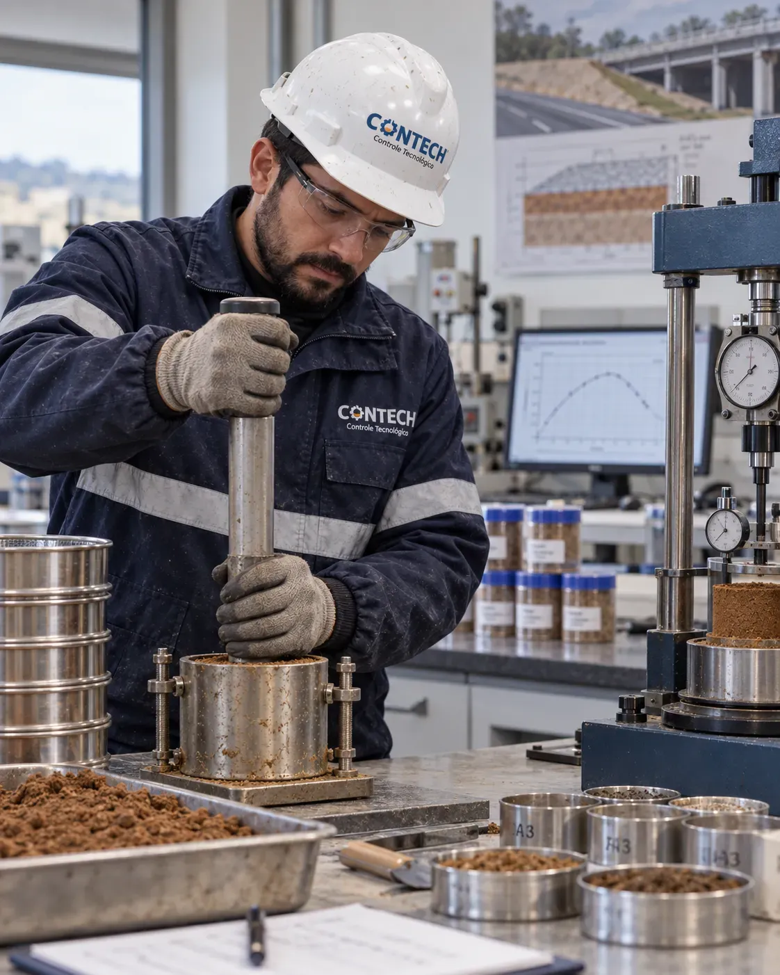Técnico da Contech segurando amostra de solo para ensaio em campo