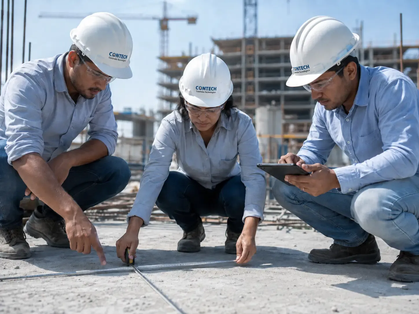 Equipe Contech realizando medições e inspeção técnica em obra
