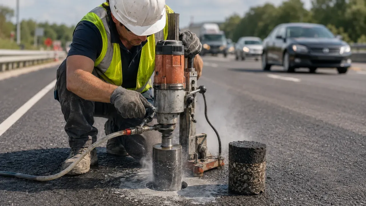 Engenheiro extraindo corpo de prova cilíndrico de revestimento asfáltico com sonda rotativa para verificação de espessura, teor de ligante e grau de compactação