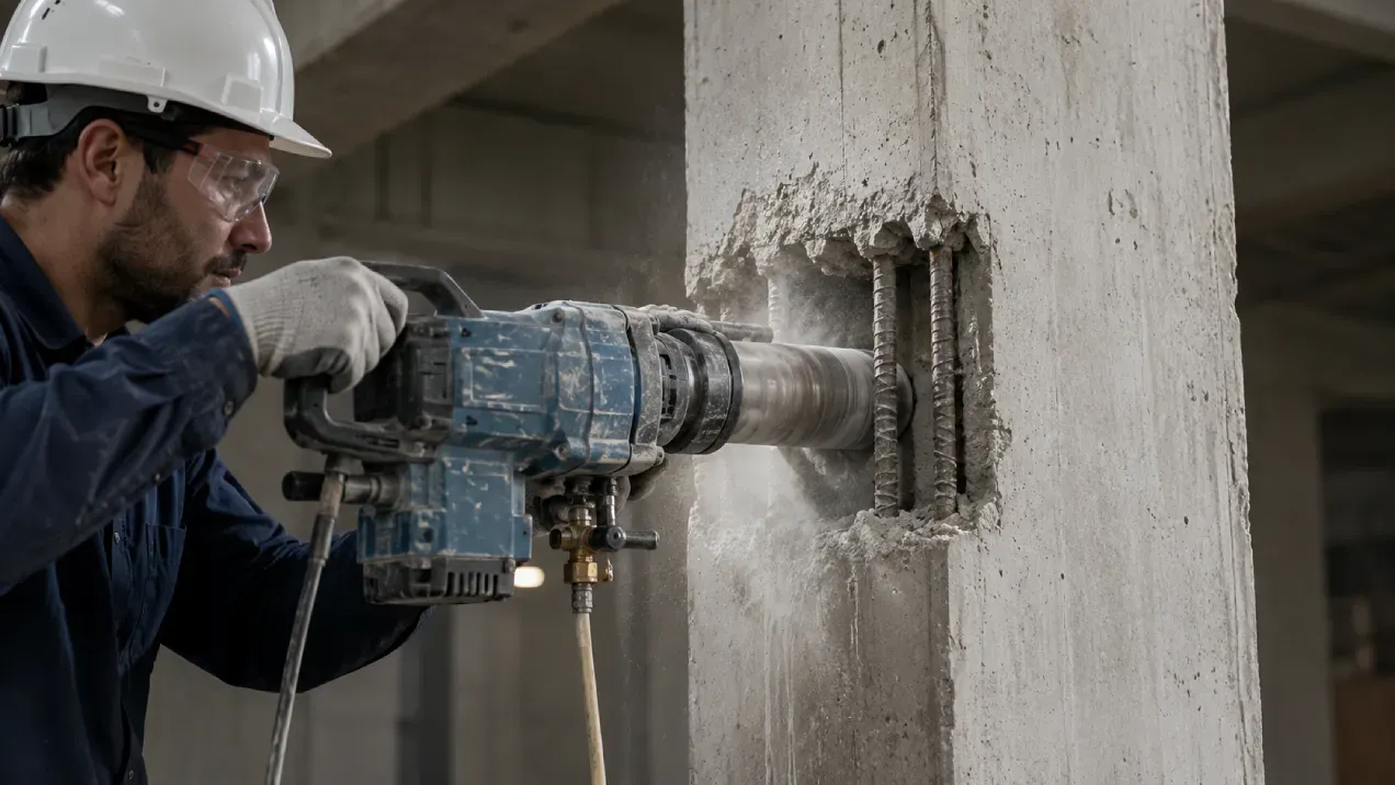 Engenheiro extraindo testemunho cilíndrico de concreto de pilar estrutural com sonda rotativa para ensaio de resistência à compressão conforme NBR 7680