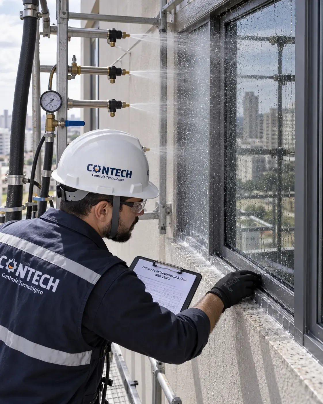 Engenheiro realizando teste de estanqueidade à água com pórtico de aspersão em janela e esquadria de fachada predial.