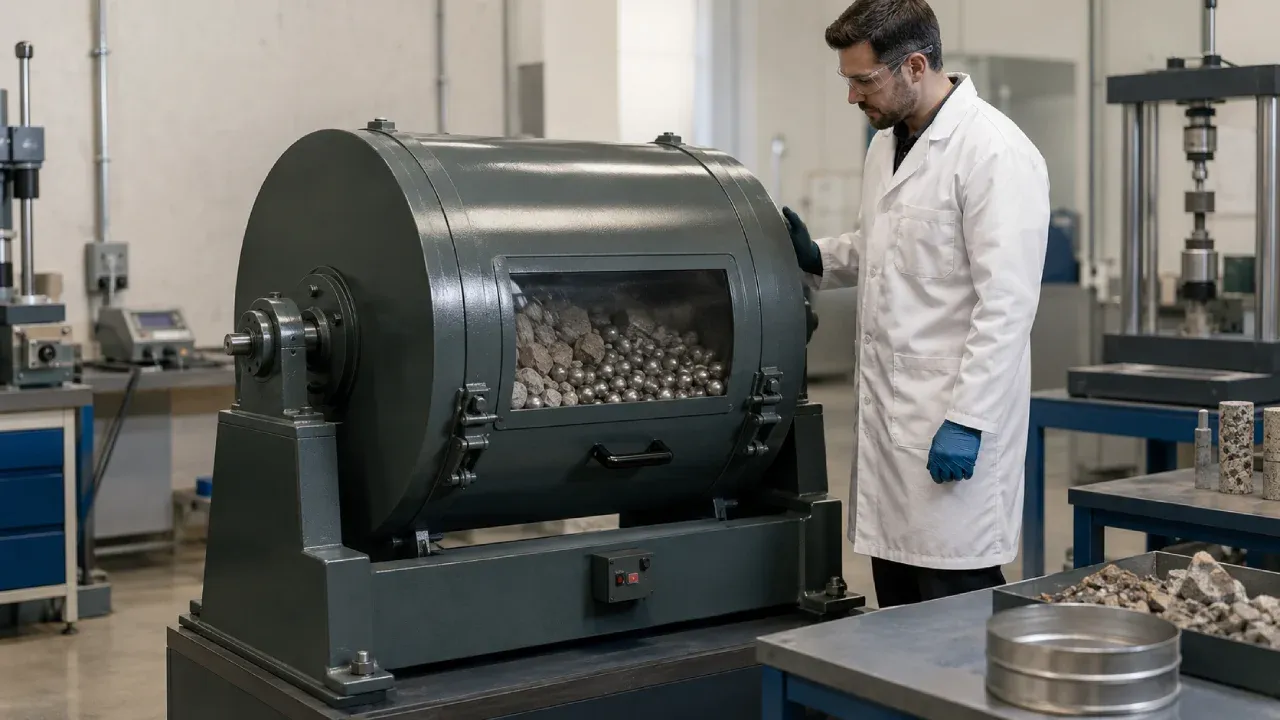 Máquina de abrasão Los Angeles em laboratório de engenharia civil para ensaio de resistência ao desgaste de agregados graúdos