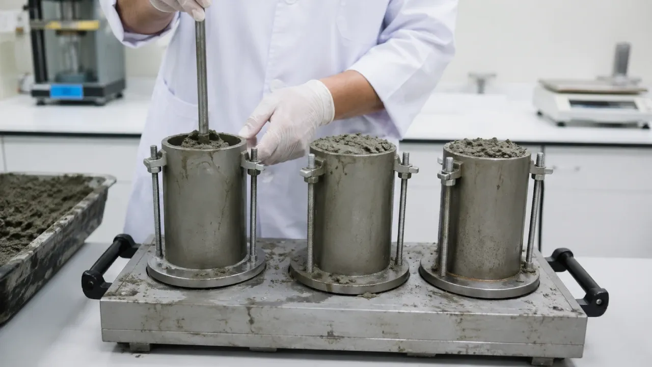 Técnico moldando corpos de prova cilíndricos de concreto em moldes de aço para ensaios de controle tecnológico em laboratório