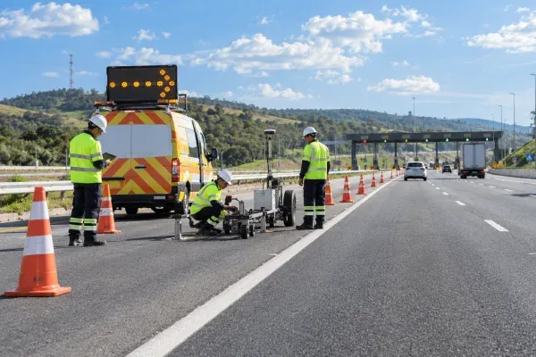 Equipe técnica realizando ensaio deflectométrico periódico em trecho sob concessão rodoviária.