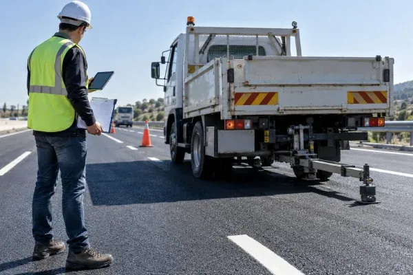 Ensaio de verificação de deflexão admissível em obra de pavimentação recém-concluída.