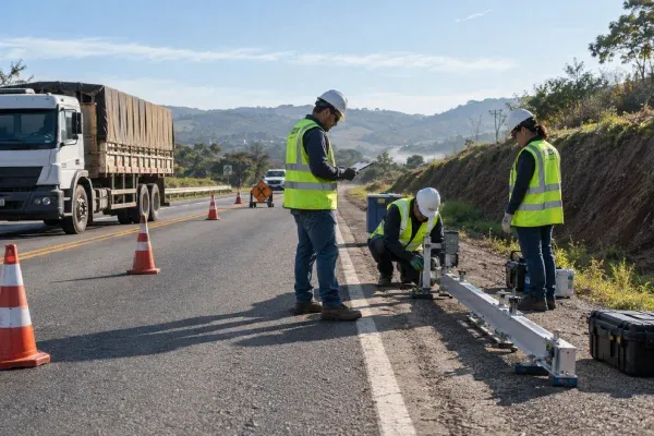 Levantamento deflectométrico com Viga Benkelman em rodovia para projeto de restauração de pavimento.